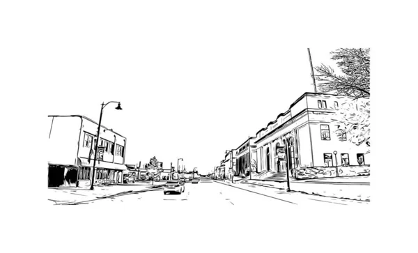 南达科他州的城市是具有快速地标的印刷建筑景观 矢量手绘草图 — 图库矢量图片