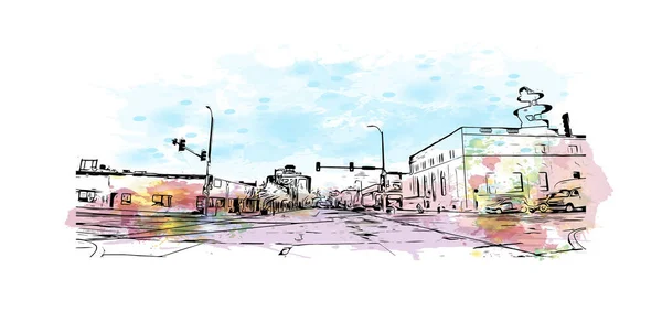 南达科他州的城市是具有快速地标的印刷建筑景观 矢量手绘示意图水彩画 — 图库矢量图片