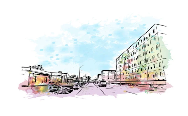 Drukuj Widok Budynku Zabytkiem Rapid Jest Miasto Południowej Dakocie Akwarela — Wektor stockowy