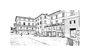 Rieti, İtalya 'da Rieti kentinde yer alan bir şehirdir. Vektörde elle çizilmiş çizim çizimi.