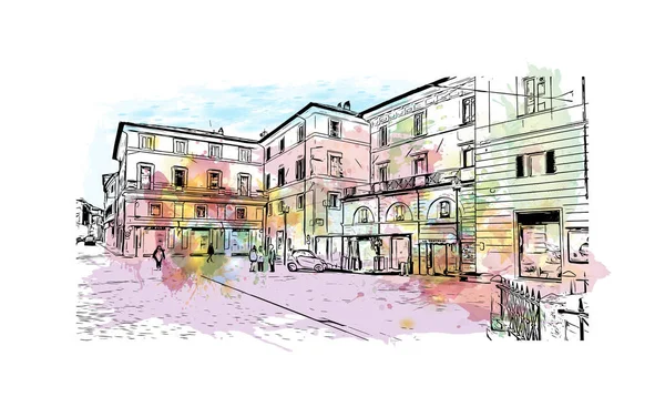 有Rieti地标的印刷建筑景观是意大利的城镇 矢量手绘示意图水彩画 — 图库矢量图片