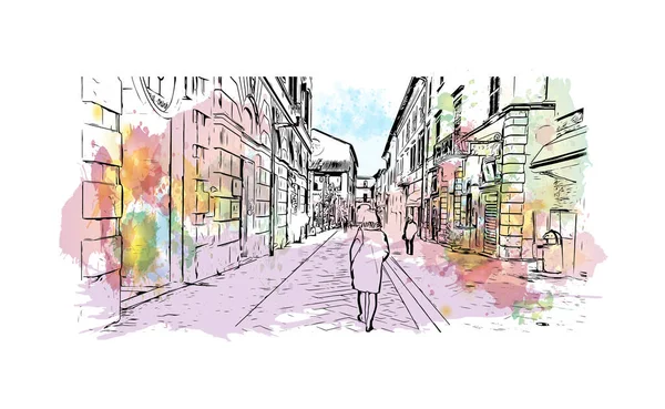 印刷Rietiのランドマークとビルの景色はイタリアの町です 手描きのスケッチイラストと水彩スプラッシュベクトル — ストックベクタ