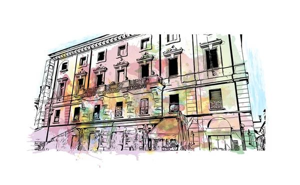 Print Building Näkymä Maamerkki Rieti Kaupunki Italiassa Vesiväri Roiske Käsin — vektorikuva
