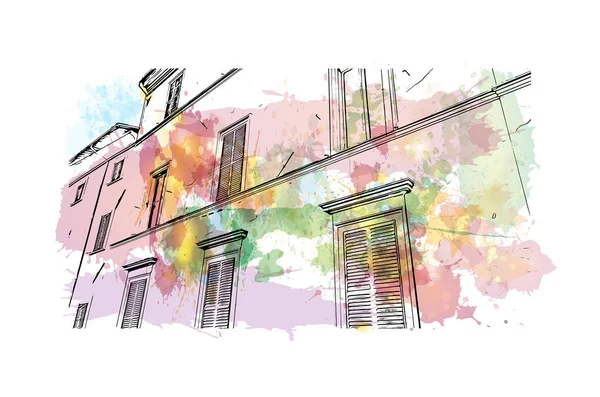 印刷Rietiのランドマークとビルの景色はイタリアの町です 手描きのスケッチイラストと水彩スプラッシュベクトル — ストックベクタ