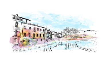 Rieti, İtalya 'da Rieti kentinde yer alan bir şehirdir. Vektörde elle çizilmiş resim ile suluboya sıçraması.