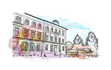 Rieti, İtalya 'da Rieti kentinde yer alan bir şehirdir. Vektörde elle çizilmiş resim ile suluboya sıçraması.