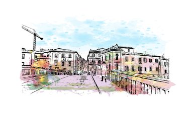 Rieti, İtalya 'da Rieti kentinde yer alan bir şehirdir. Vektörde elle çizilmiş resim ile suluboya sıçraması.