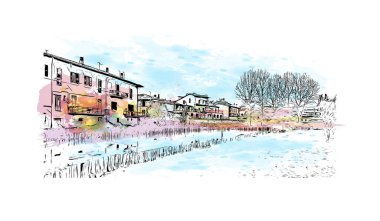 Rieti, İtalya 'da Rieti kentinde yer alan bir şehirdir. Vektörde elle çizilmiş resim ile suluboya sıçraması.