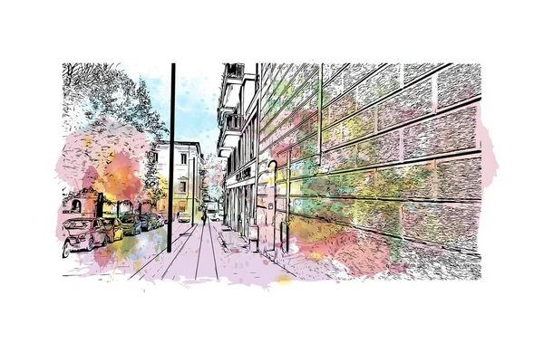 Print Building View Landmark Rieti Staden Italien Akvarell Stänk Med — Stock vektor