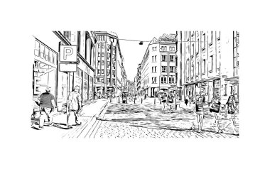 Riga 'nın simgesi olan Print Building View Letonya' nın başkentidir. Vektörde elle çizilmiş çizim çizimi.