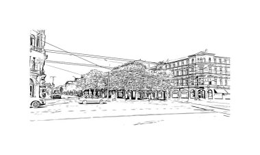 Riga 'nın simgesi olan Print Building View Letonya' nın başkentidir. Vektörde elle çizilmiş çizim çizimi.