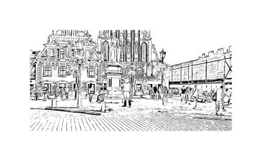 Riga 'nın simgesi olan Print Building View Letonya' nın başkentidir. Vektörde elle çizilmiş çizim çizimi.