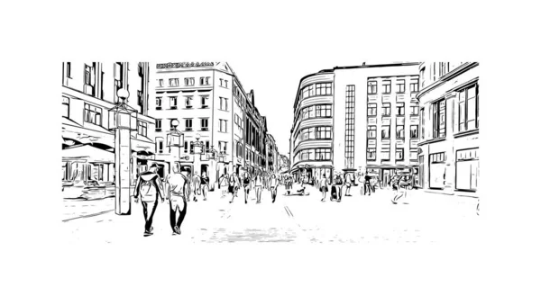 Print Building Vista Com Marco Riga Capital Letónia Desenho Desenhado — Vetor de Stock