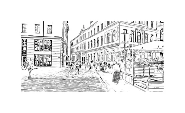 Print Building View Landmark Riga Capital Latvia Hand Drawn Sketch — Stock Vector