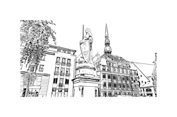 Imprimer Vue Sur Bâtiment Avec Monument Riga Est Capitale Lettonie — Image vectorielle