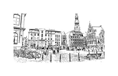 Riga 'nın simgesi olan Print Building View Letonya' nın başkentidir. Vektörde elle çizilmiş çizim çizimi.