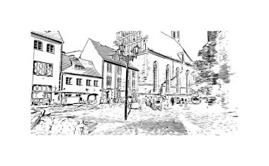 Riga 'nın simgesi olan Print Building View Letonya' nın başkentidir. Vektörde elle çizilmiş çizim çizimi.