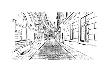 Riga 'nın simgesi olan Print Building View Letonya' nın başkentidir. Vektörde elle çizilmiş çizim çizimi.