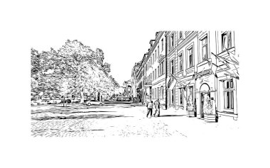 Riga 'nın simgesi olan Print Building View Letonya' nın başkentidir. Vektörde elle çizilmiş çizim çizimi.