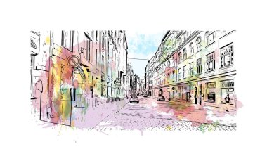 Riga 'nın simgesi olan Print Building View Letonya' nın başkentidir. Vektörde elle çizilmiş resim ile suluboya sıçraması.