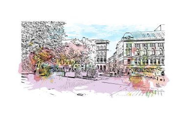 Riga 'nın simgesi olan Print Building View Letonya' nın başkentidir. Vektörde elle çizilmiş resim ile suluboya sıçraması.