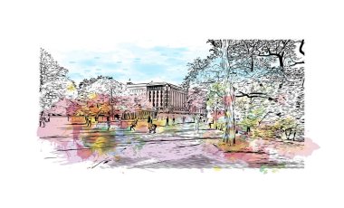 Riga 'nın simgesi olan Print Building View Letonya' nın başkentidir. Vektörde elle çizilmiş resim ile suluboya sıçraması.