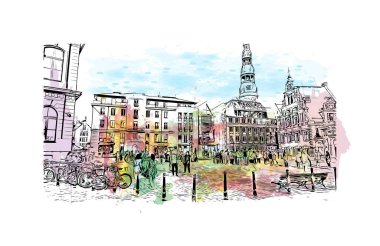 Riga 'nın simgesi olan Print Building View Letonya' nın başkentidir. Vektörde elle çizilmiş resim ile suluboya sıçraması.