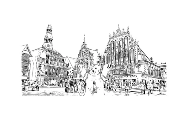 Print Building View Landmark Riga Lettlands Huvudstad Handritad Skiss Illustration — Stock vektor