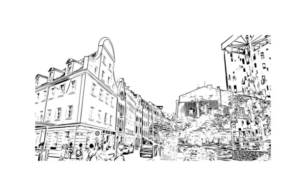 Вид Print Building Орієнтиром Риги Столицею Латвії Намальована Вручну Ілюстрація — стоковий вектор