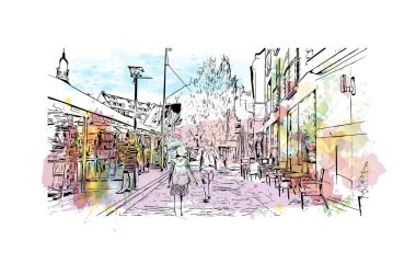 Riga 'nın simgesi olan Print Building View Letonya' nın başkentidir. Vektörde elle çizilmiş resim ile suluboya sıçraması.