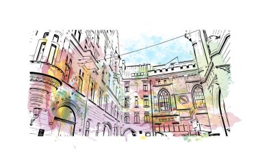 Riga 'nın simgesi olan Print Building View Letonya' nın başkentidir. Vektörde elle çizilmiş resim ile suluboya sıçraması.