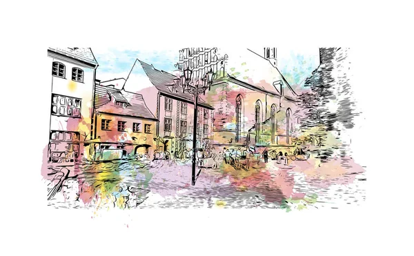Tisk Pohled Budovu Orientačním Bodem Rigy Hlavním Městem Lotyšska Akvarelové — Stockový vektor