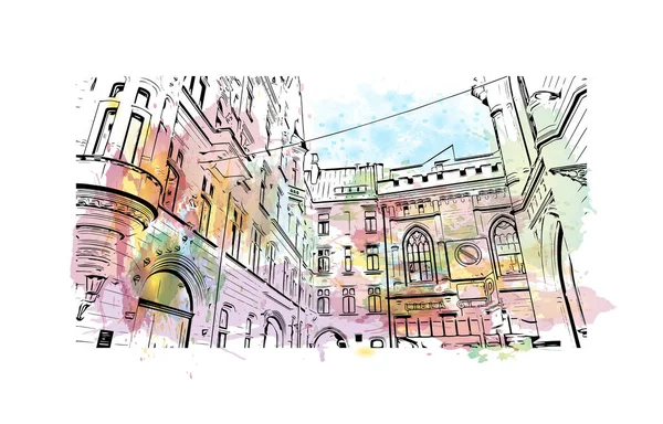 Print Building View Landmark Riga Lettlands Huvudstad Akvarell Stänk Med — Stock vektor