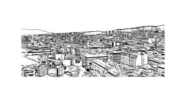 Rijeka 'nın tarihi yapısına sahip Print Building Hırvatistan' ın kenti. Vektörde elle çizilmiş çizim çizimi.