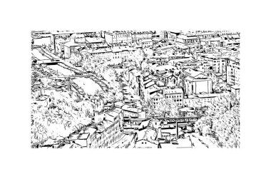 Rijeka 'nın tarihi yapısına sahip Print Building Hırvatistan' ın kenti. Vektörde elle çizilmiş çizim çizimi.