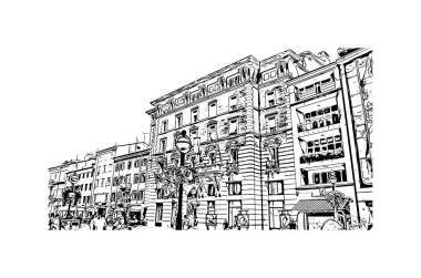 Print Print Building Hırvatistan 'ın başkenti Rijeka' nın tarihi yapısına sahiptir. Vektörde elle çizilmiş çizim çizimi.