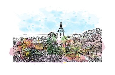 Print Print Building Hırvatistan 'ın başkenti Rijeka' nın tarihi yapısına sahiptir. Vektörde elle çizilmiş resim ile suluboya sıçraması.