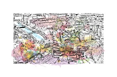 Rijeka 'nın tarihi yapısına sahip Print Building Hırvatistan' ın kenti. Vektörde elle çizilmiş resim ile suluboya sıçraması.