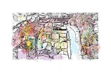 Rijeka 'nın tarihi yapısına sahip Print Building Hırvatistan' ın kenti. Vektörde elle çizilmiş resim ile suluboya sıçraması.