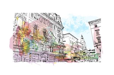 Rijeka 'nın tarihi yapısına sahip Print Building Hırvatistan' ın kenti. Vektörde elle çizilmiş resim ile suluboya sıçraması.