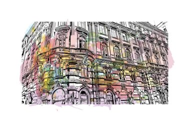 Rijeka 'nın tarihi yapısına sahip Print Building Hırvatistan' ın kenti. Vektörde elle çizilmiş resim ile suluboya sıçraması.