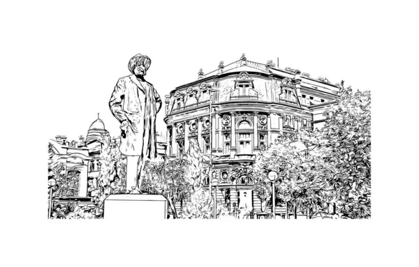 Print Building View Landmark Rijeka City Croatia Hand Drawn Sketch — Stock Vector