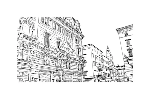 Print Building Vista Com Marco Rijeka Cidade Croácia Desenho Desenhado — Vetor de Stock