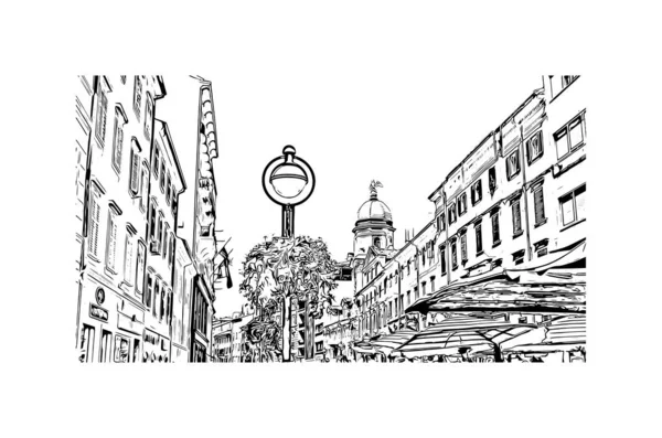 Print Print Edifício Vista Com Marco Rijeka Cidade Croácia Desenho — Vetor de Stock