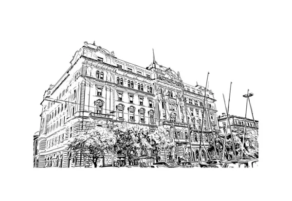 印刷Rijekaのランドマークとビルの景色はクロアチアの街です 手描きのスケッチ図ベクトル — ストックベクタ
