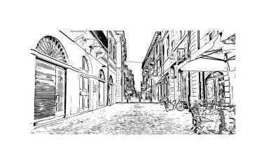 Print Building view with landmark of Rimini is the city in Italy. Vektörde elle çizilmiş çizim çizimi.
