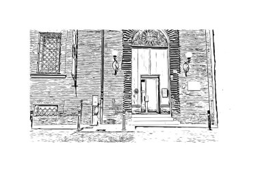 Print Building view with landmark of Rimini is the city in Italy. Vektörde elle çizilmiş çizim çizimi.