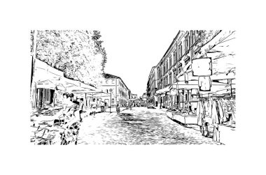 Print Building view with landmark of Rimini is the city in Italy. Vektörde elle çizilmiş çizim çizimi.