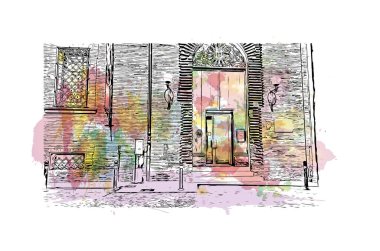 Print Building view with landmark of Rimini is the city in Italy. Vektörde elle çizilmiş çizim çizimi