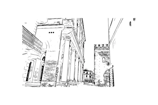 Print Building Näkymä Maamerkki Rimini Kaupunki Italiassa Käsin Piirretty Piirros — vektorikuva